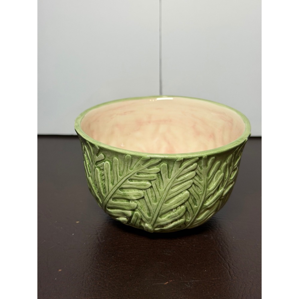 Vintage 2000 Mud Pie Fern Leaf Ceramic Bowl Green Easter Y2K 4 Inch